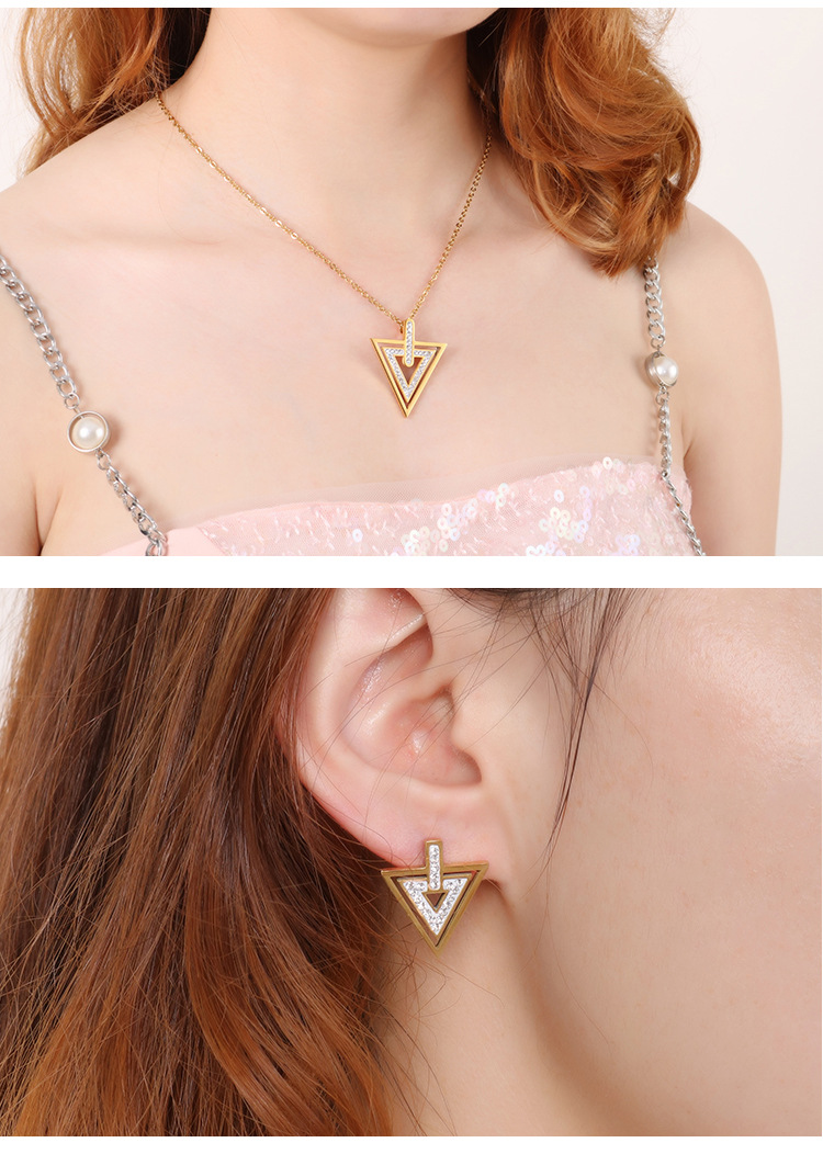 fashion stainless steel new temperament simple geometric triangle zircon pendant earrings two-piece 