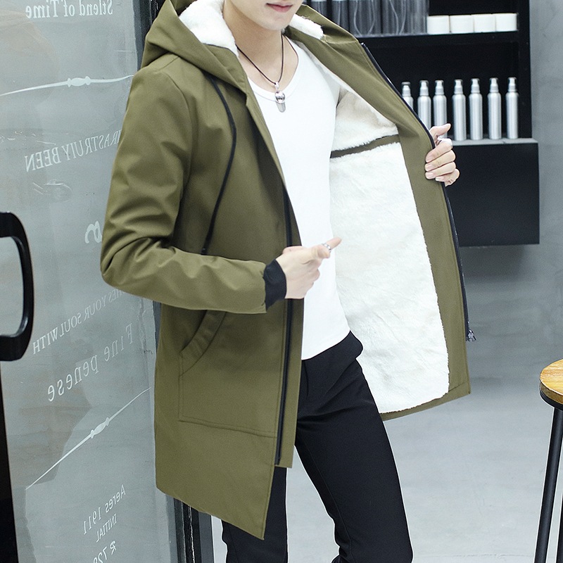 Invierno de los nuevos hombres de longitud media cazadora con capucha de los hombres de estilo coreano juvenil casual forrado de lana engrosada chaqueta ropa de abrigo de los hombres