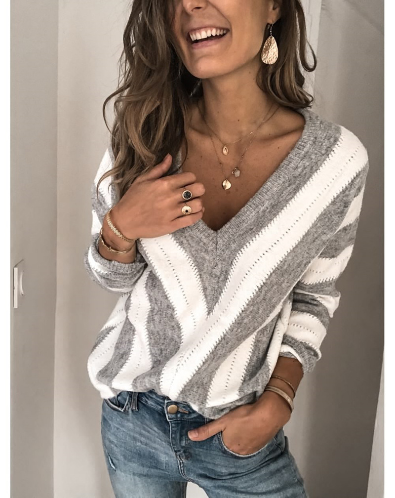 solid color striped stitching sexy V-neck sweater NSLK10753