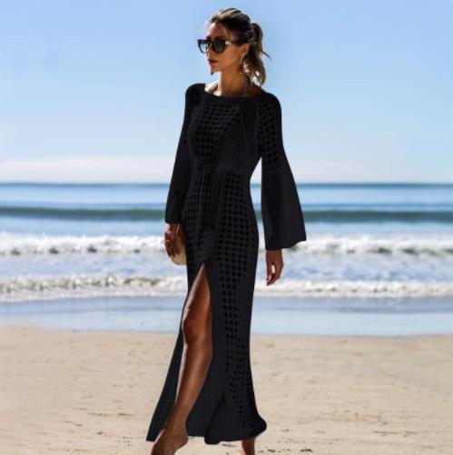 hollow long-sleeved slit solid color knitted beach outdoor cover-up NSCYG131859