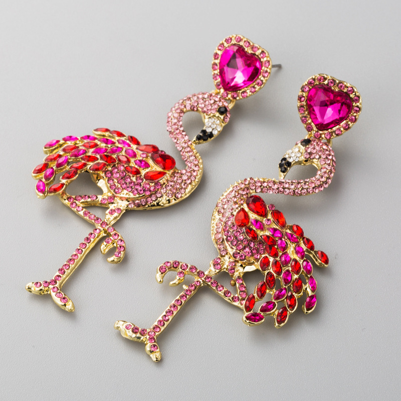 Hot Flamingo Earrings Women&#39;s Long Inlay Rhinestone Women&#39;s Stud Earrings Vintage Alloy Earrings display picture 6