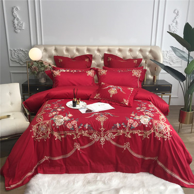现代结婚喜庆大红高端刺绣床上用品多件套纯棉长绒棉四件套家纺