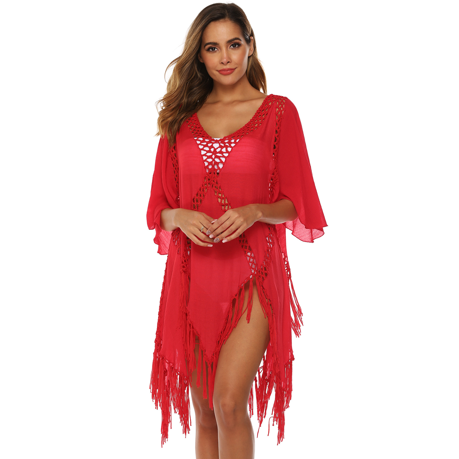 Irregular stitching tassel trumpet sleeve deep V sexy hollow beach dress  NSOY26756