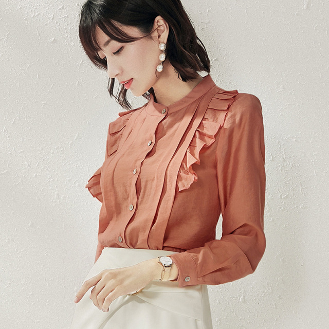 Autumn Fashionable Long Sleeve Cotton Shirt with Ear Edge