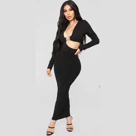 2020 跨境亚马逊eBay欧美新款气质女装性感纯色深V领一步裙连衣裙