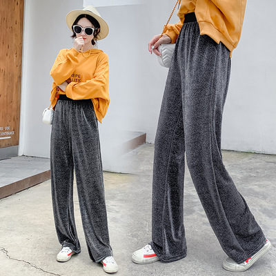 實拍大碼女裝顯瘦闊腿金絲絨褲加肥加大胖mm秋季新款高腰長褲