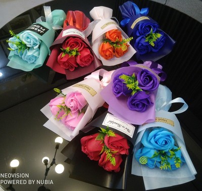 玫瑰香皂花束仿真定制花文具店批發3朵3層假花肥皂花情人節小禮物