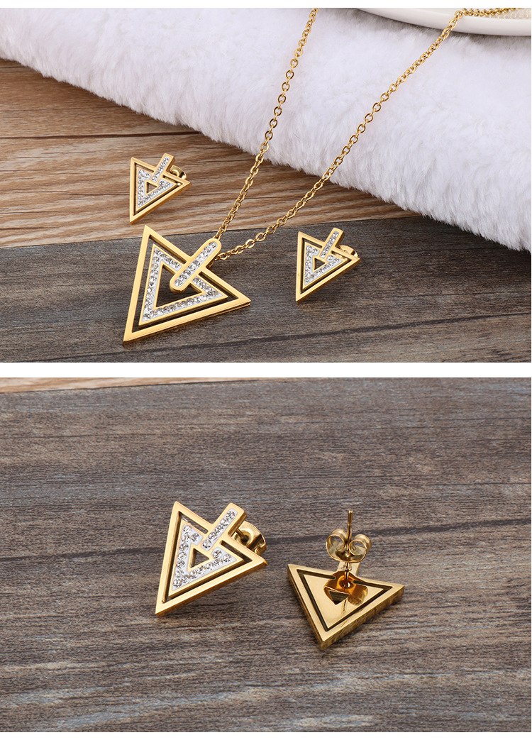 fashion stainless steel new temperament simple geometric triangle zircon pendant earrings two-piece 