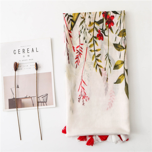 Foreign trade export original order retro floral cotton and linen tassel scarf enlarged silk scarf shawl women's ethnic style Japanese style beach