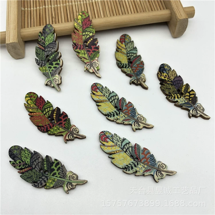 Новая Ретро деревянная пуговица с перьями, мультяшный бревенчатый цвет, деревянная пряжка с двумя глазами в Европейском стиле, сделай сам, декоративная древесная стружка