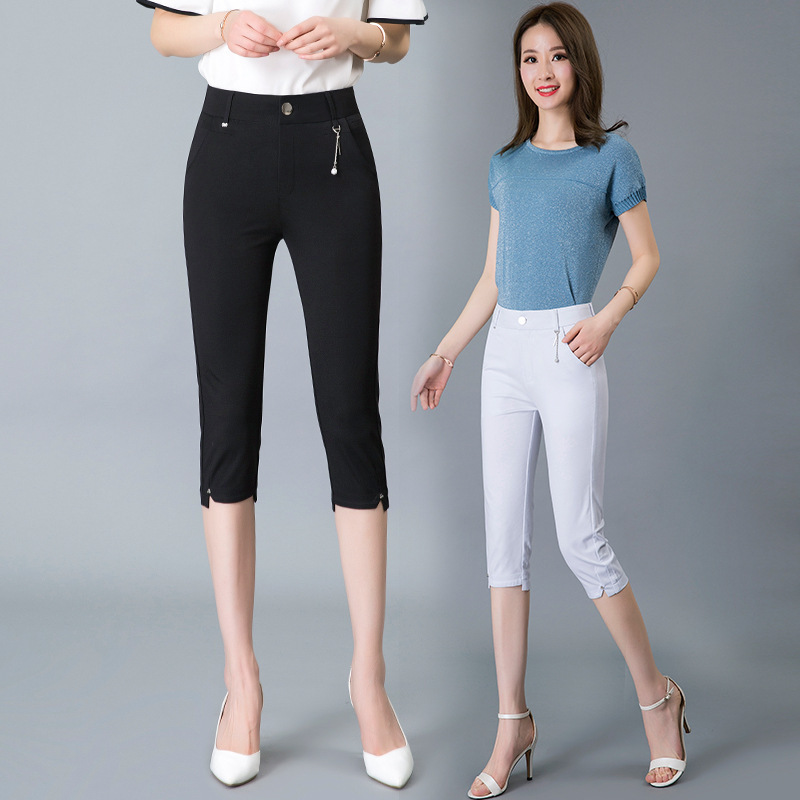 Mom's Casual Pants Summer Stretch High Waist Summer 7-point Pants Middle-aged Women's Breeches Straight Capri Pants Thin