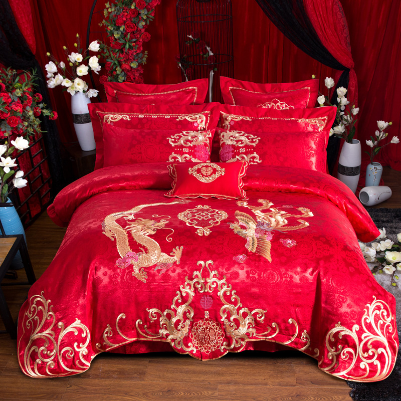 全棉貢緞繡花婚慶四件套床蓋式六件套床單八件套十件套廠家批發價