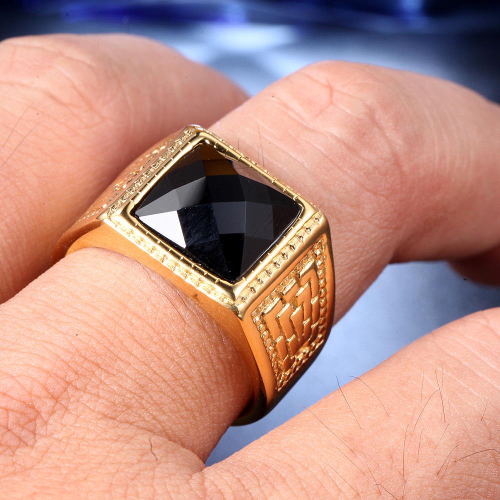 Geometric Pattern Men'S Gender Retro Geometric Titanium Steel Inlay Rhinestones Polishing Men'S Rings