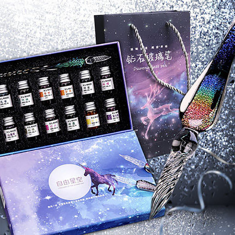 抖音同款玻璃筆網紅星空筆漸變色蘸水墨水禮品筆套裝琉璃手工彩墨