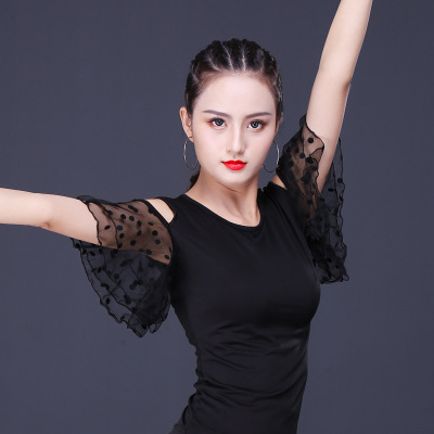 Women black Latin dance tops for female practice dance clothes modern ballroom dance tops rumba salsa chacha lace short-sleeved dance clothes