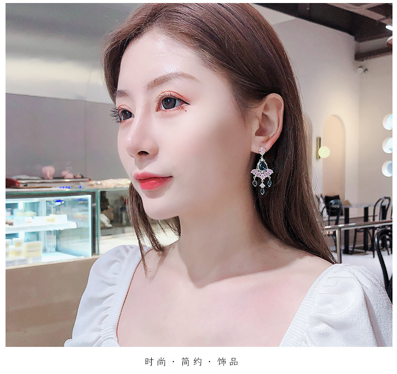 S925 Silver Vintage Color Zircon Protein Powder Long Heavy Industry Light Luxury Earrings display picture 12