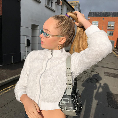 2019秋速卖通爆款女装羊羔毛毛拼接开衫拉链短款长袖外套保暖上衣|ms