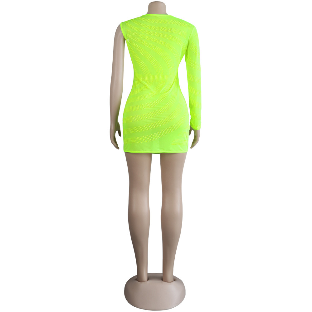 See-Through Rhinestones Skinny Single Sleeve O-Neck Mini Dress