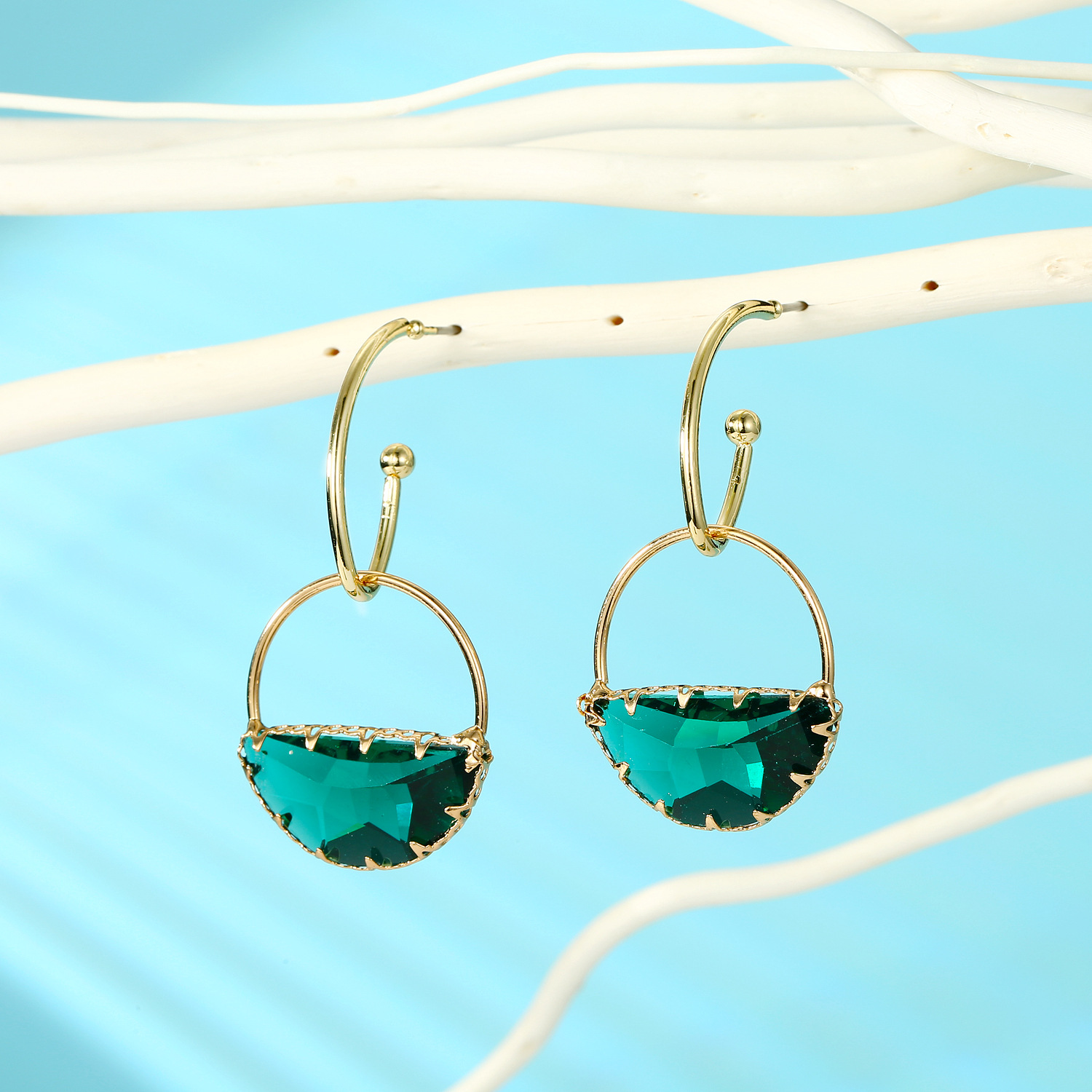 Simple Green Semi-circular Crystal Earrings Handmade Multi-faceted Glass Earrings 925 Silver Korean Earrings display picture 4