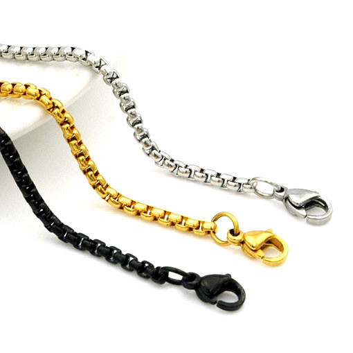 Roestvrijstalen 3 mm parel vierkante kielketting voor heren, accessoire met goudkleurige stalen kleur zwart_voghion.com