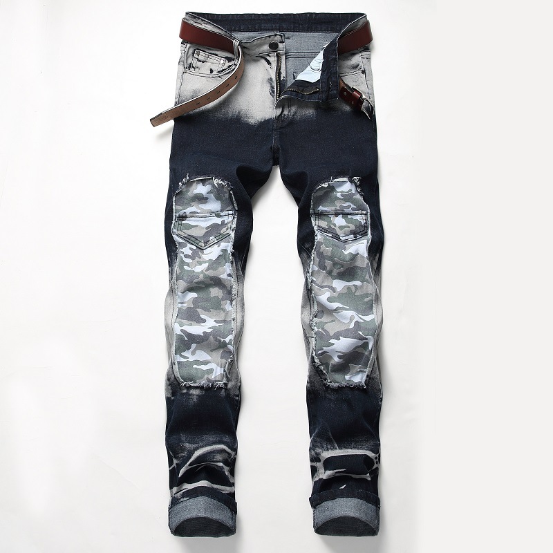 Men's Clothing Retro Denim Jeans For Men Distressed Color Blocking Stretch American Style Supply_viptrois.com
