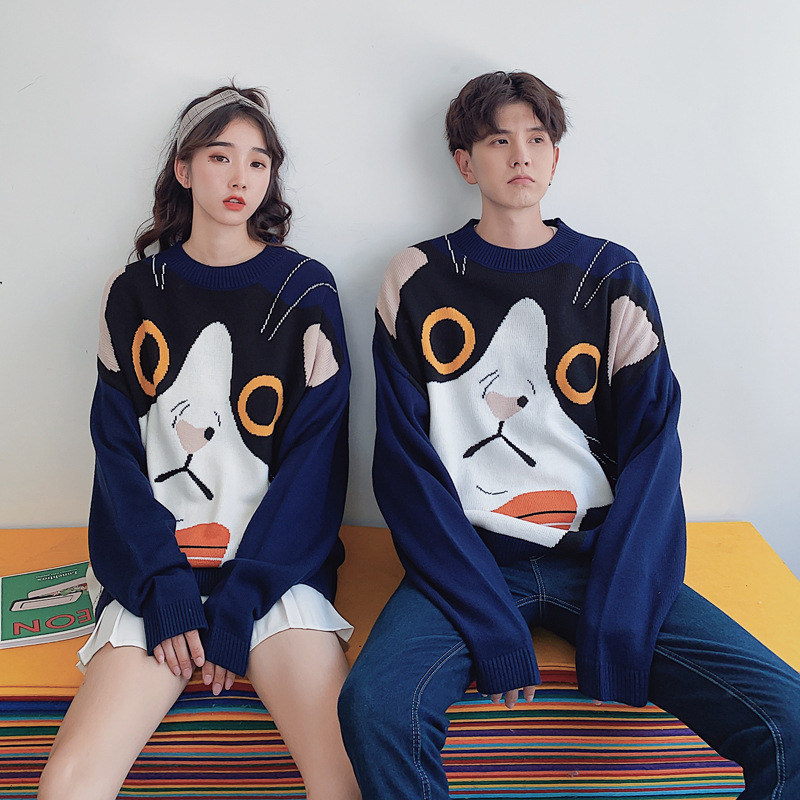 Men's Wool Sweater With Cat Pattern Round Neck Couple Knit Top_voghion.com