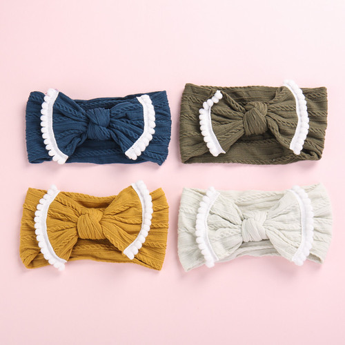 Amazon super soft fashionable wide jacquard baby headband bow fur ball edge hairband cute headband for girls