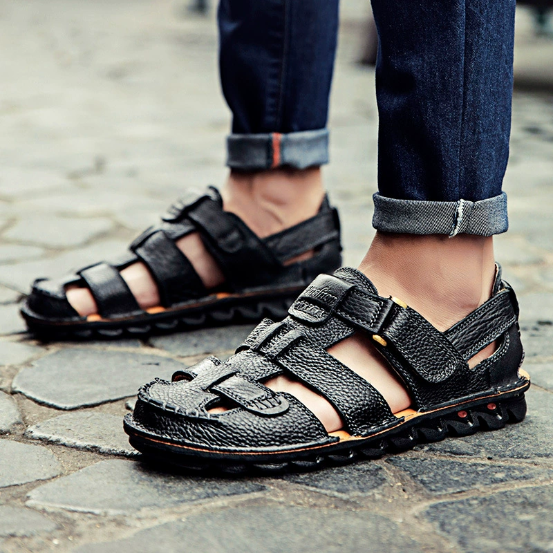 Новая летняя сандалия мужская кожаная нескользящая пляжная обувь мягкая подошва дышащая повседневная обувь трансграничная ручная мужская обувь большого размера