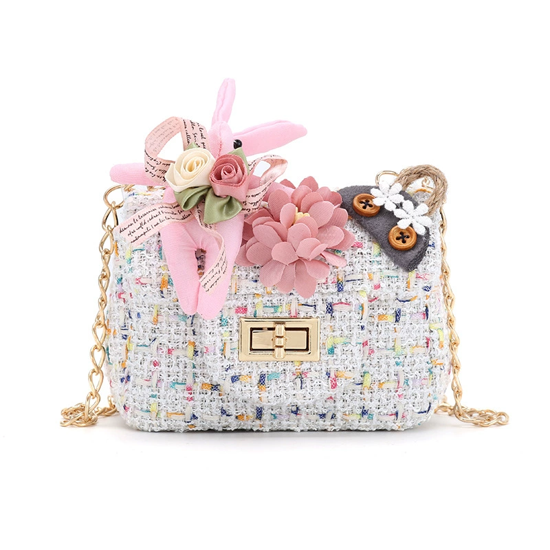Children's One-Shoulder Bag, Small Tweed Floral Purse with Chain Strap, Cute Patterns