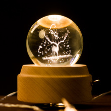現貨歐式櫸木水晶球發光音樂盒 麋鹿星空木質底座工藝品禮品禮盒