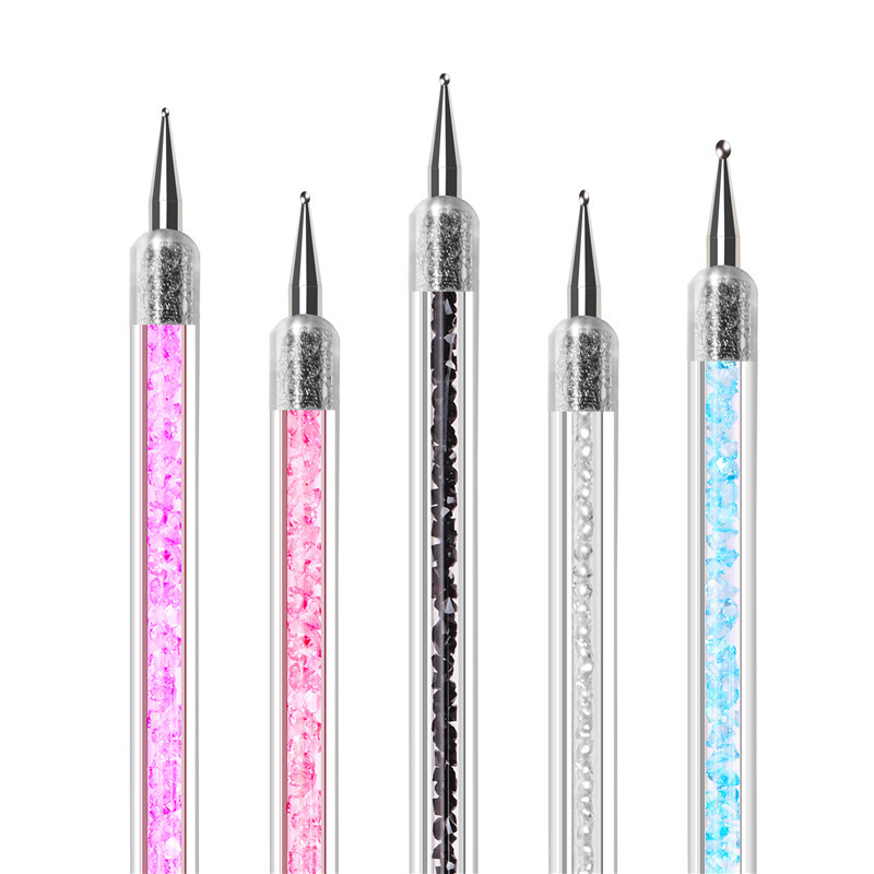 Herramientas de uñas suministros de herramientas de doble cabeza de clavo de punta de perforación cristal transparente con punto de diamante punto de la pluma