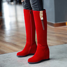 冬季加絨女靴子內增高過膝長靴紅色棉靴坡跟超高跟顯瘦高筒靴女鞋