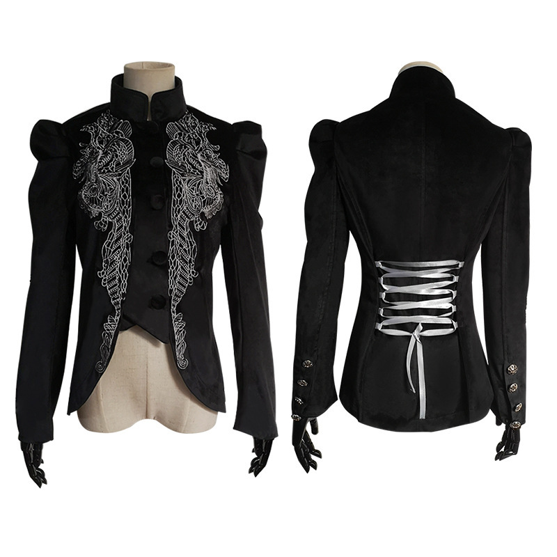 Punk Carnival Women's Gothic Coat Jacket Long Black Velvet Steampunk Costume Performance Costume