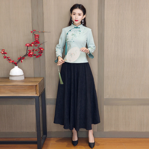 Chinese dress oriental qipao for women girls  tang suit jacket paragraph cheongsam coat Chinese style  embroidered the tea zen art  blouses qipao dress for female