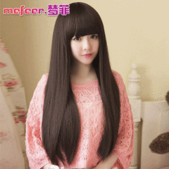 Influencer-recommended wig: Women's long, straight hair with blunt bangs, featuring a 70cm "Pear Blossom" style made from high-temperature-resistant synthetic fiber for a realistic look.