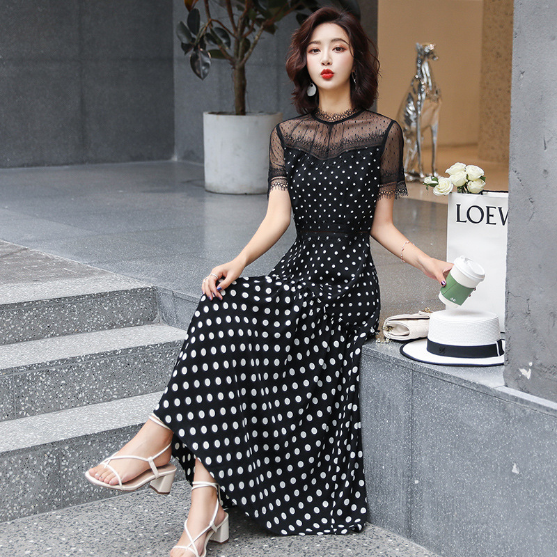Papaya Milk Summer New Women's Wave Dot Chiffon Dress Lace Stitching Elegant Super Fairy Swing Dress Trendy Papaya Milk Summer New Women's Wave Dot Chiffon Dress Lace Stitching Elegant Super Fairy Swing Dress Trendy
