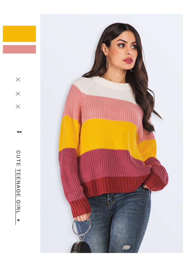 round neck pullover knitted striped sweater top NSYH7453