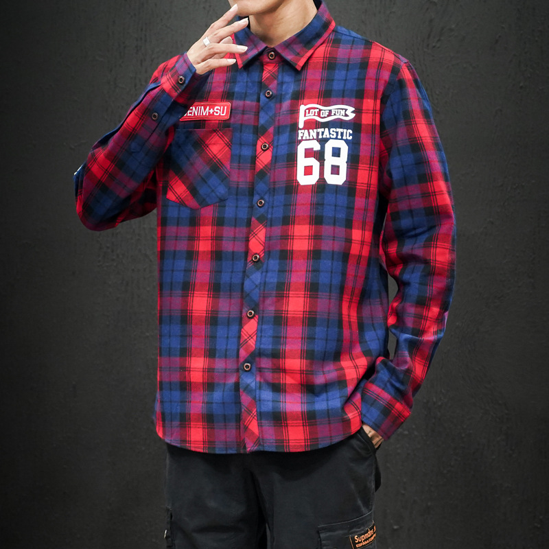 2020 Men's Taobao Casual New Plaid Long-sleeved Shirt Men's Slim-fit Digital Large Size Square Collar Single-breasted