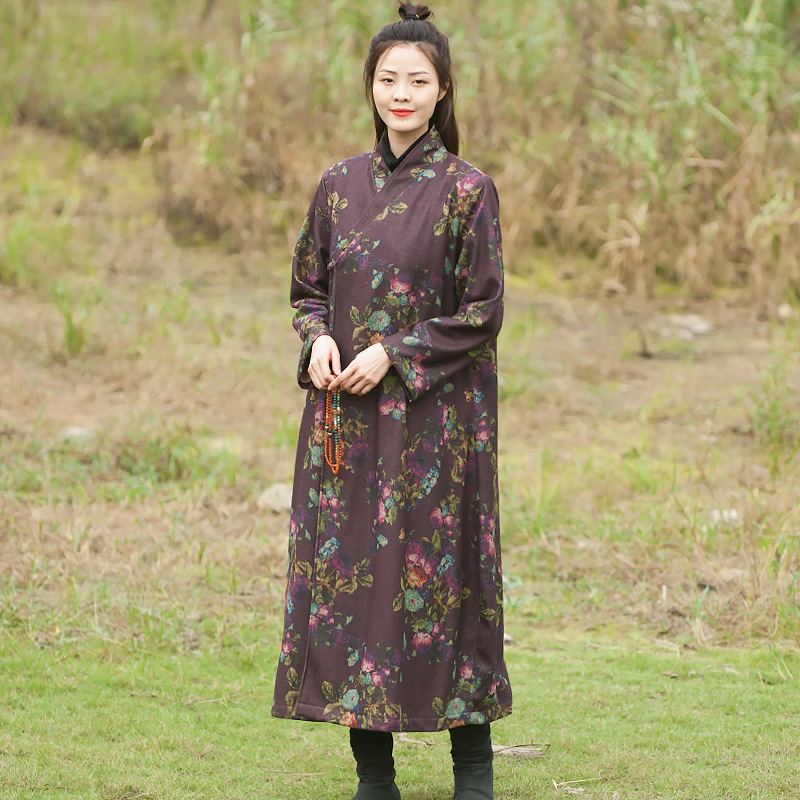 枝牌冬季原創文藝複古仿呢印花長款外套禅意加絨保暖長大衣