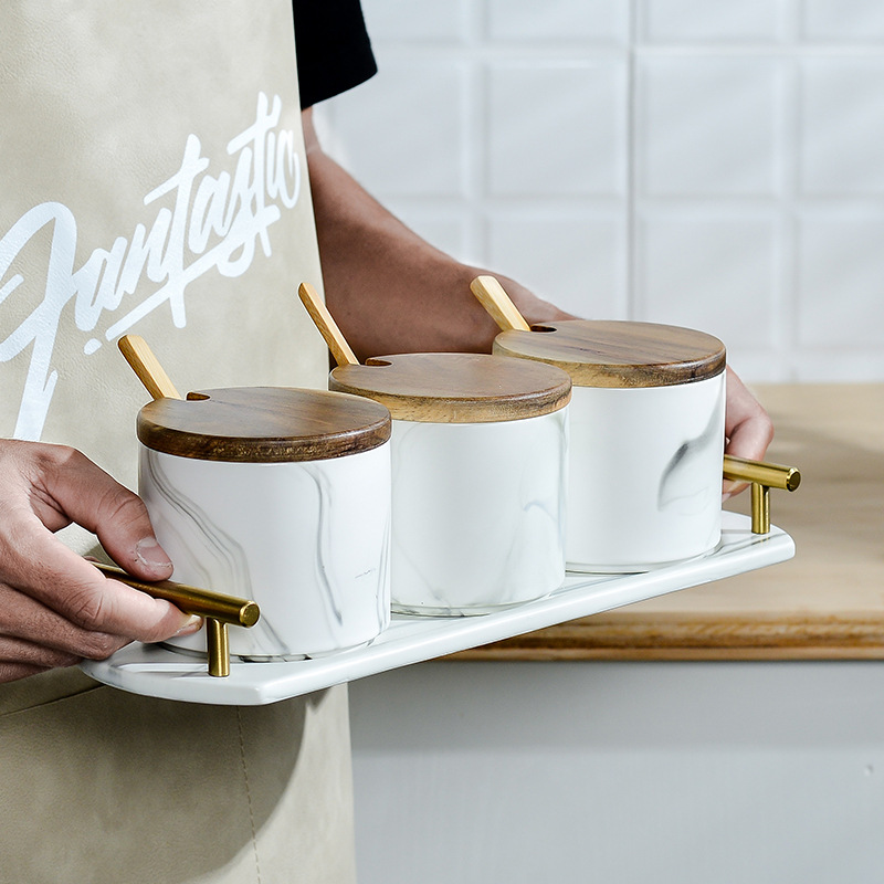 Simple marbling cerámica cocina suministros condimento tarro redondo nórdico condimento tarro traje combinación hogar creativo