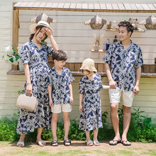 原创亲子装夏季新款沙滩度假母女连衣裙一家四口全家父子衬衣日本