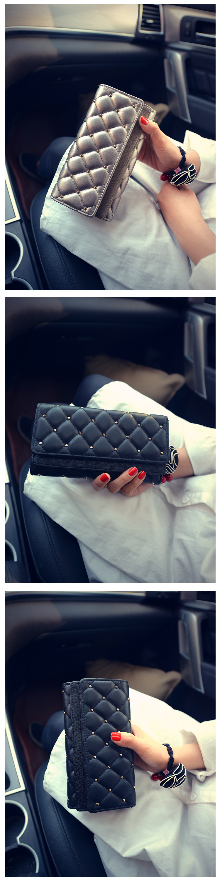 195g Weight Polyester Lining Material Magnetic Buckle Closure Type Pu Leather Material Solid Color Pattern Women'S Gender Fashion Style Square Shape Pink, Champagne, Black Color Korean  Diamond Tri-fold Large-capacity Wallet Wholesale 5