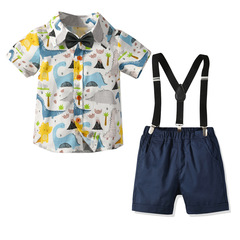 男童寶寶跨境 領結短袖襯衫背帶短褲寶寶四件套 周歲禮服套裝