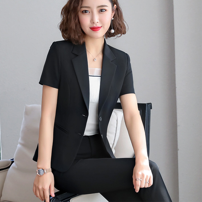 职业西装套装女2019新款春装韩版短袖黑色商务西服两件套工作服夏|ms