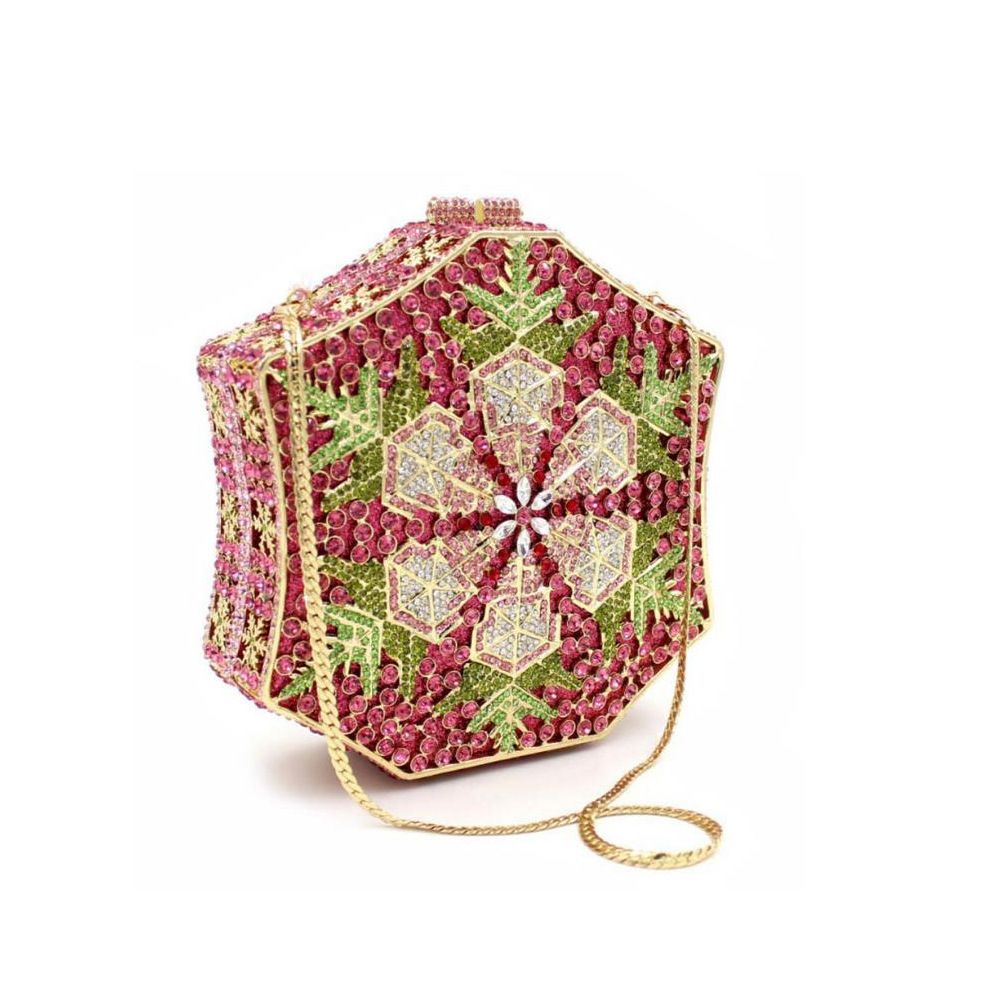 Túi clutch nữ đính pha lê kim cương bông tuyết, thiết kế hợp kim rỗng, làm bằng tay — Màu tím, Màu xanh lam, Ảnh tùy chỉnh được Cá nhân hóa, Màu đỏ hoa hồng chi tiết 6