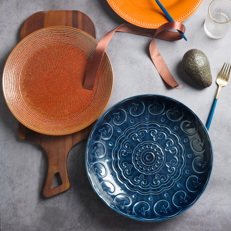 De cerámica Creativa vajilla de cerámica del hogar color vidriado alivio Occidental Placa Plana pasta plato redondo Cuenca la fruta sopa cuenca