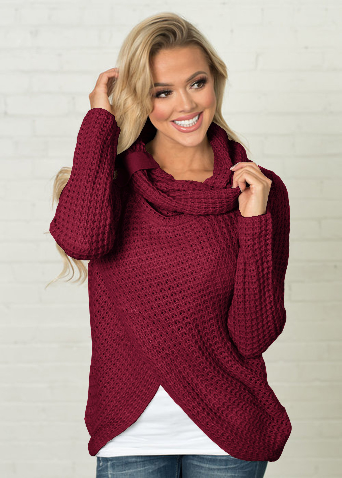 Ropa de punto de manga larga europea y americana eBay Amazon nuevo jersey de cuello alto de cinco botones de color sólido suéter de las mujeres