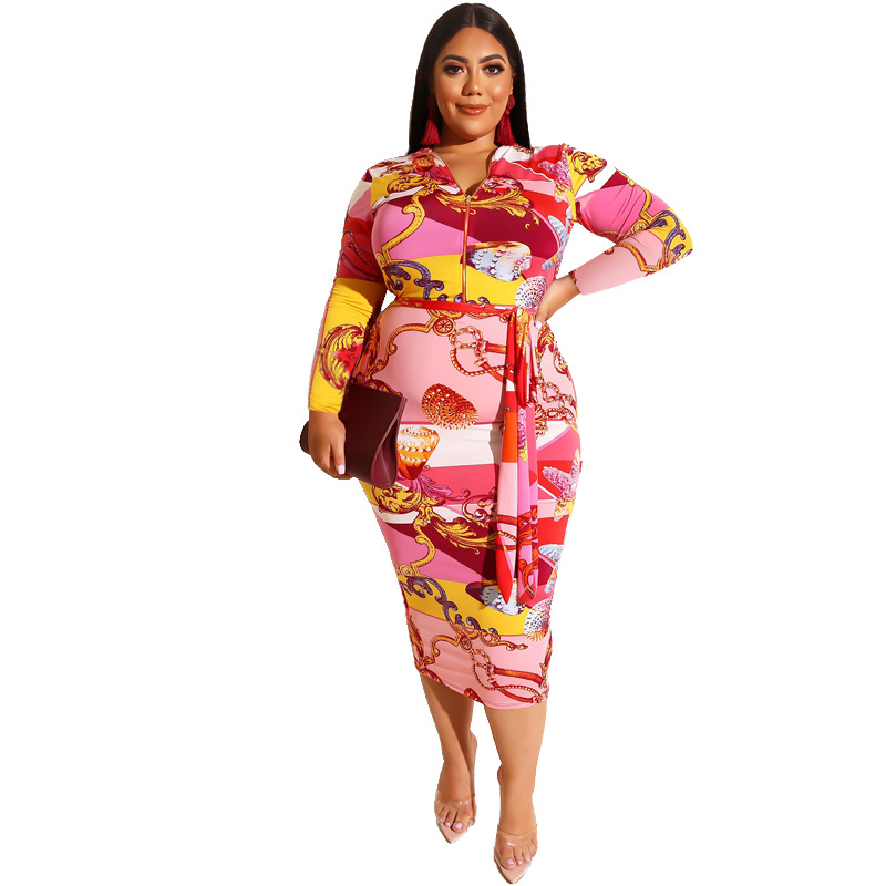 Printed Tight-fitting Hip-length Zipper Front and Rear Two-wear Plus Size Dress