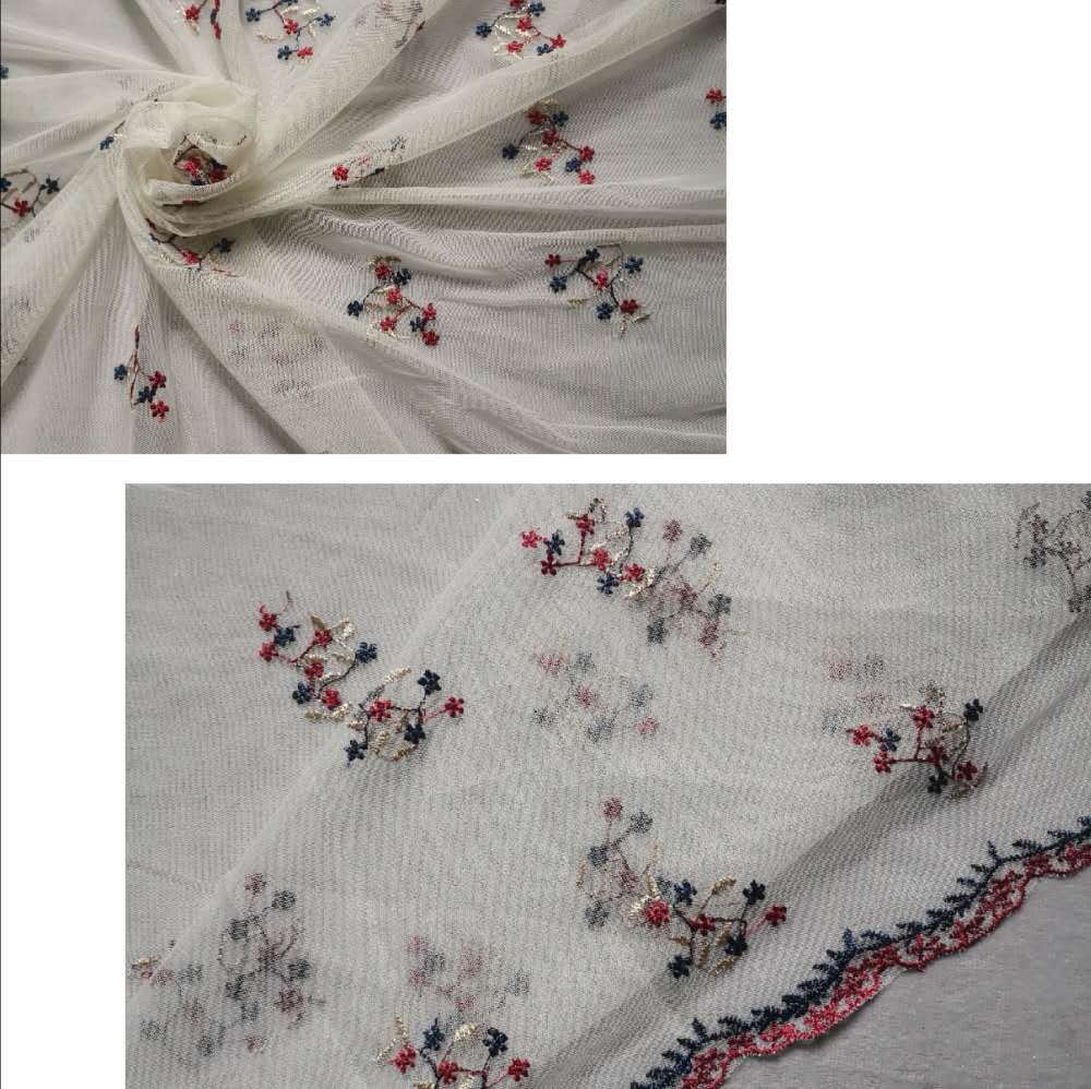 新款无弹好品质网眼布六角网底布小花撞色双波浪边立体刺绣 现货