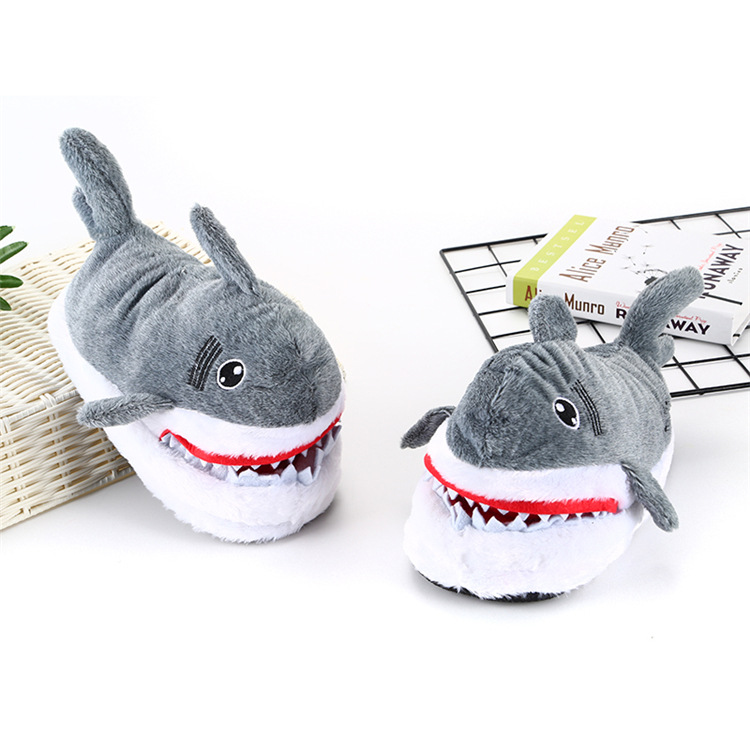 Pantofole di peluche con testa di squalo, suola spessa, 3D, per interni, calde, casa, cartone animato, scarpe di cotone_voghion.com